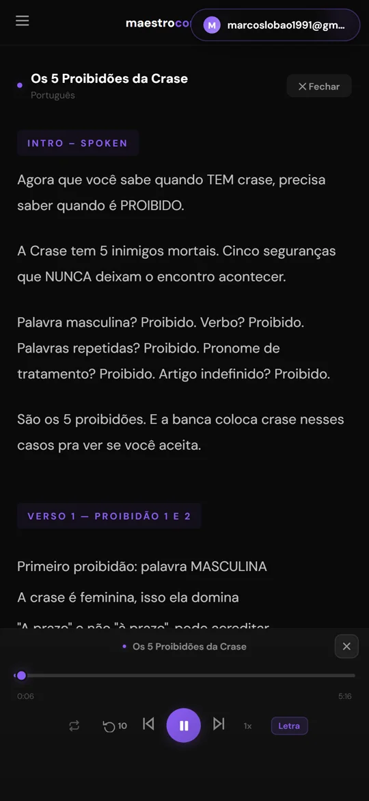 Letra da música tocando no app da Maestro